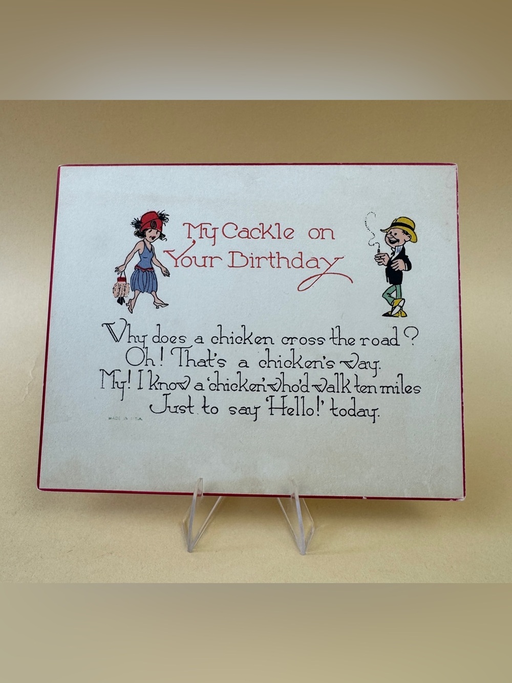 Vintage Illustrated Birthday Card with Red and Cream Artwork